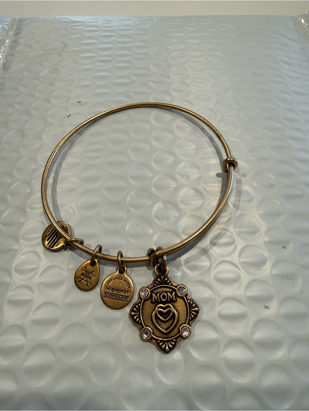 Alex and Ani Antique Gold MOM Charm Bangle Bracelet with Clear Crystal Accents